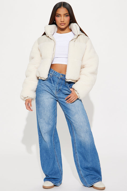 Up North Sherpa cream puffer jacket with removable hood and toggle waist detail