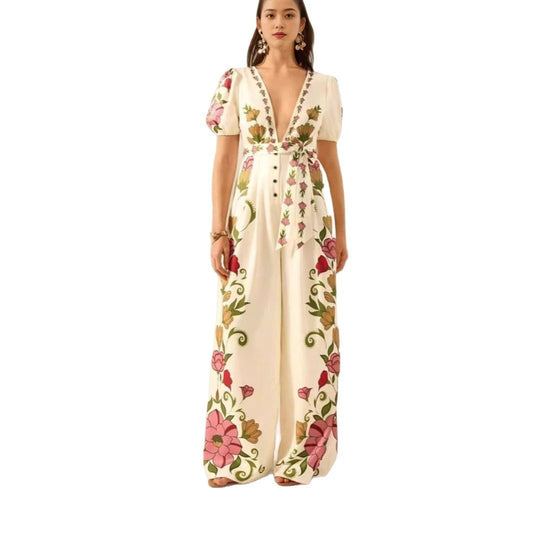 Women's Wide-leg Jumpsuit with Deep V-neck and Printed Fashion Design - Redemption By Ashley North