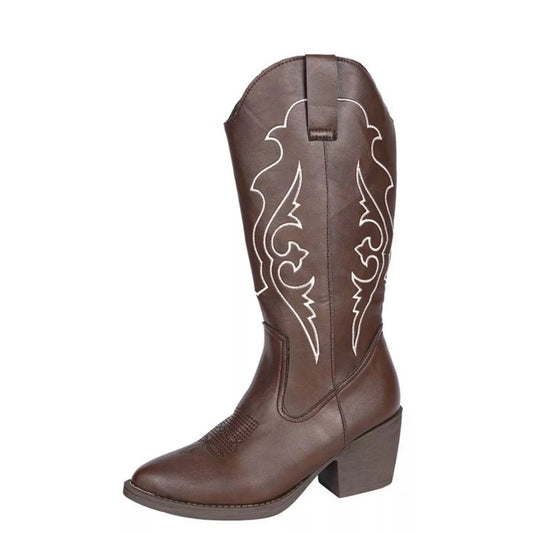 Western Embroidered Mid-Calf Boots.