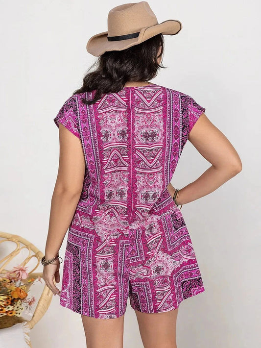 Plus Size V-Neck Romper with Cap Sleeves and Print Design - Redemption By Ashley North