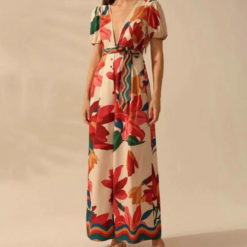 Women's Wide-leg Jumpsuit with Deep V-neck and Printed Fashion Design - Redemption By Ashley North