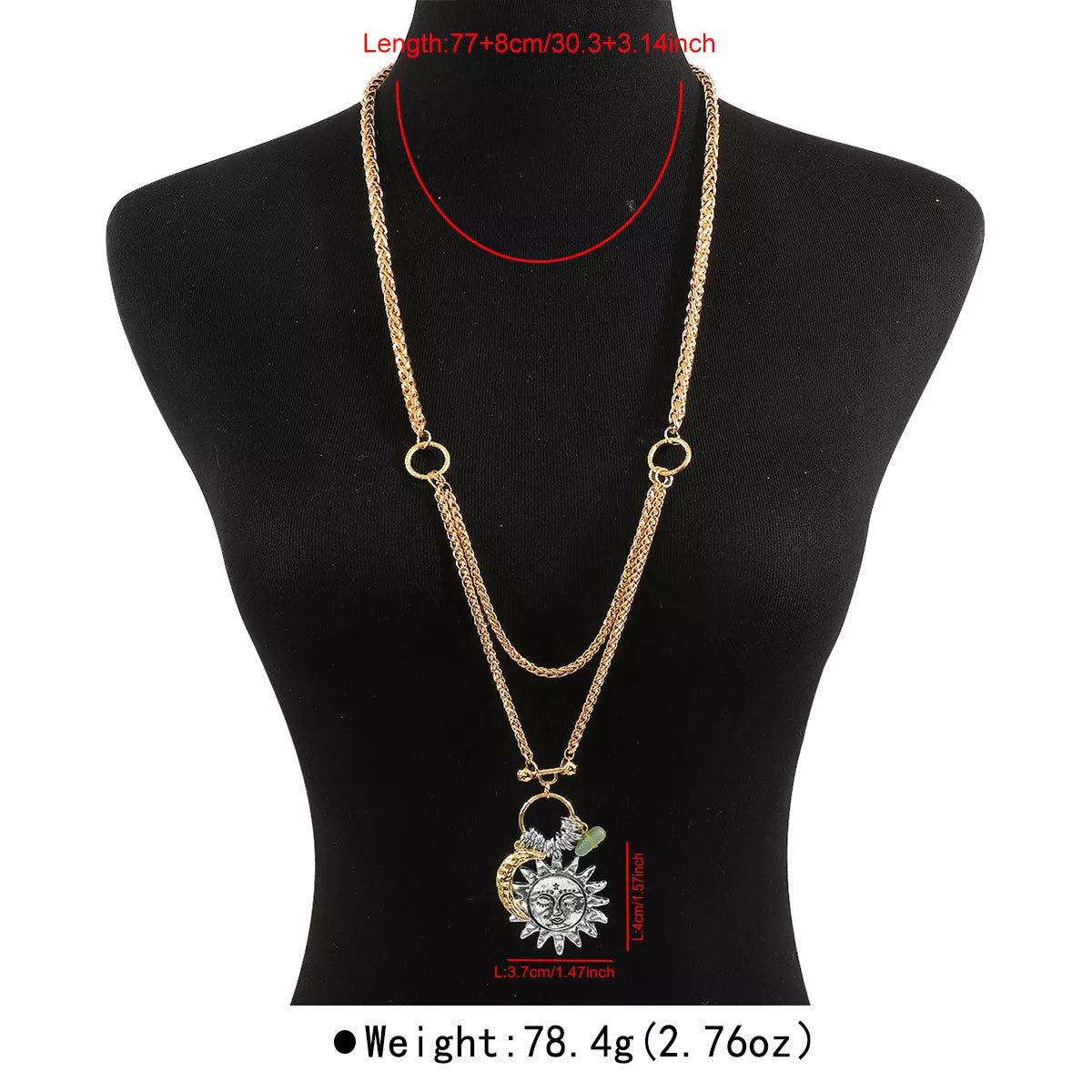 Moon & Sun Pendant necklace with 18K gold plating and silver-plated alloy on black display bust