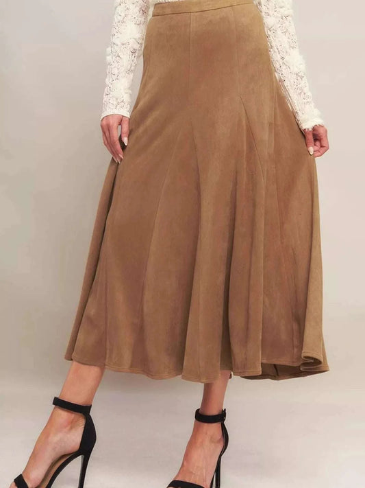 Camel brown flowy A-line midi skirt with elastic waistband and soft fabric for elegant movement