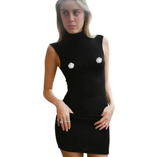 Flower Sleeveless Turtleneck Dress for Women - Solid Color Slim Fit - Redemption By Ashley North