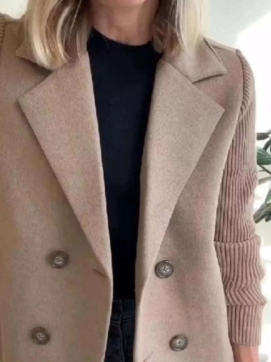 Plus size double-breasted outerwear with ribbed full size knit sleeves in beige