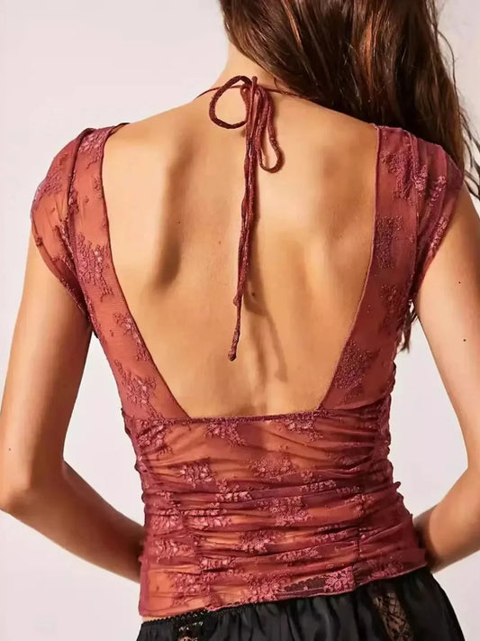 Lace Cap Sleeve T-Shirt with Ruched Design - Redemption By Ashley North