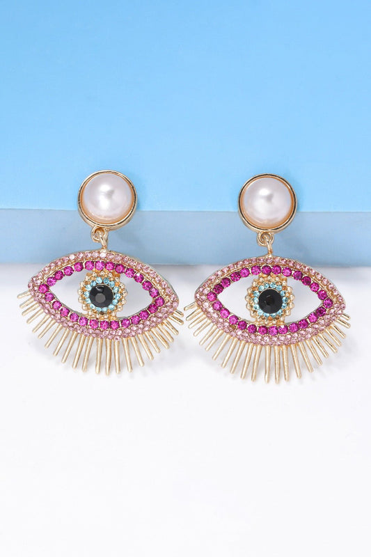 Evil eye shape rhinestone dangle earrings with synthetic pearl and gold zinc alloy detailing