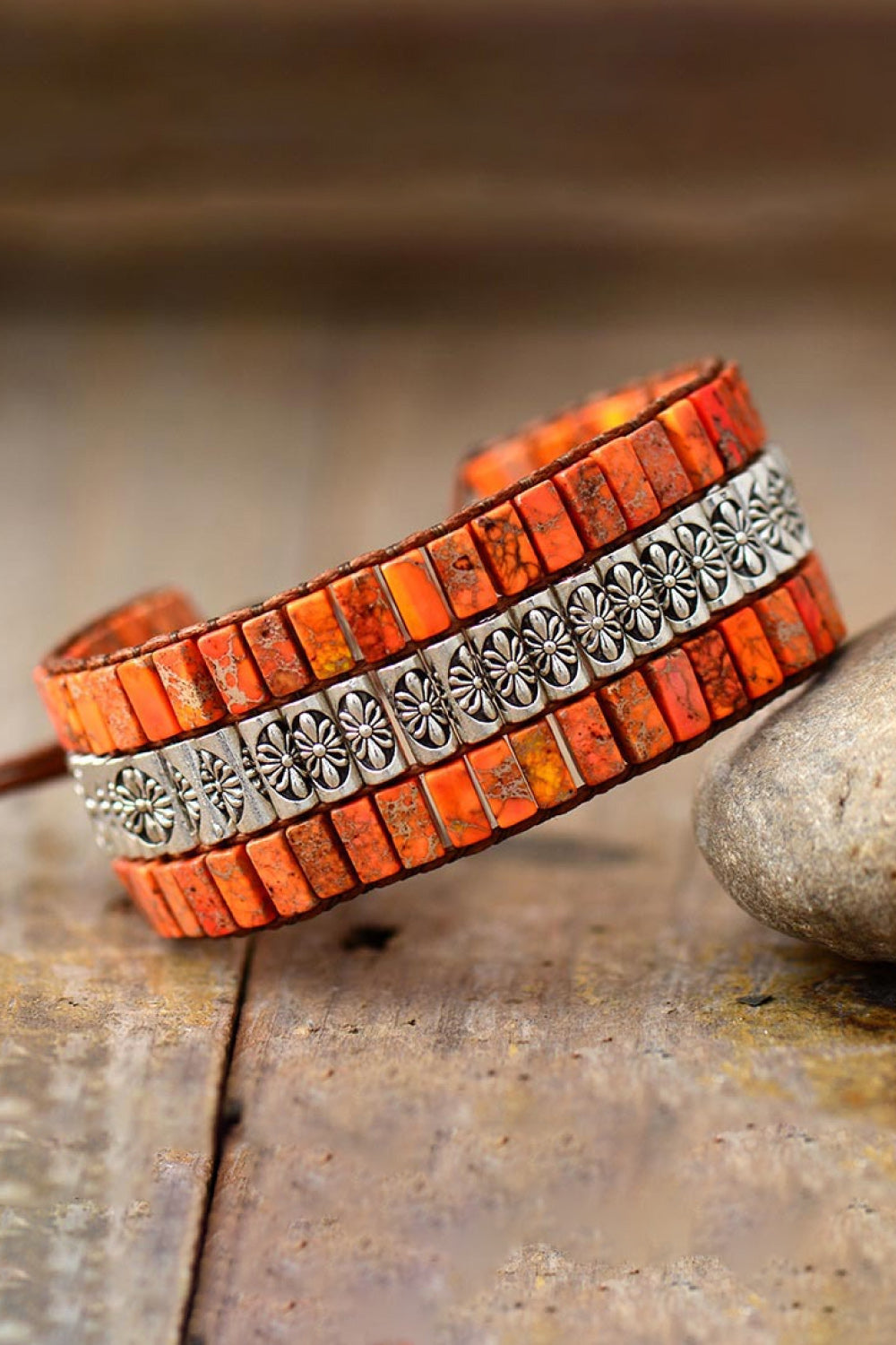 Handmade triple layer natural stone bracelet with orange stones and silver alloy floral accents