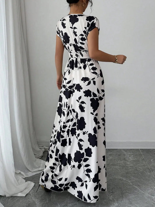 Printed Maxi Dress with Surplice Cap Sleeves - Elegant and Flowy Design - Redemption By Ashley North