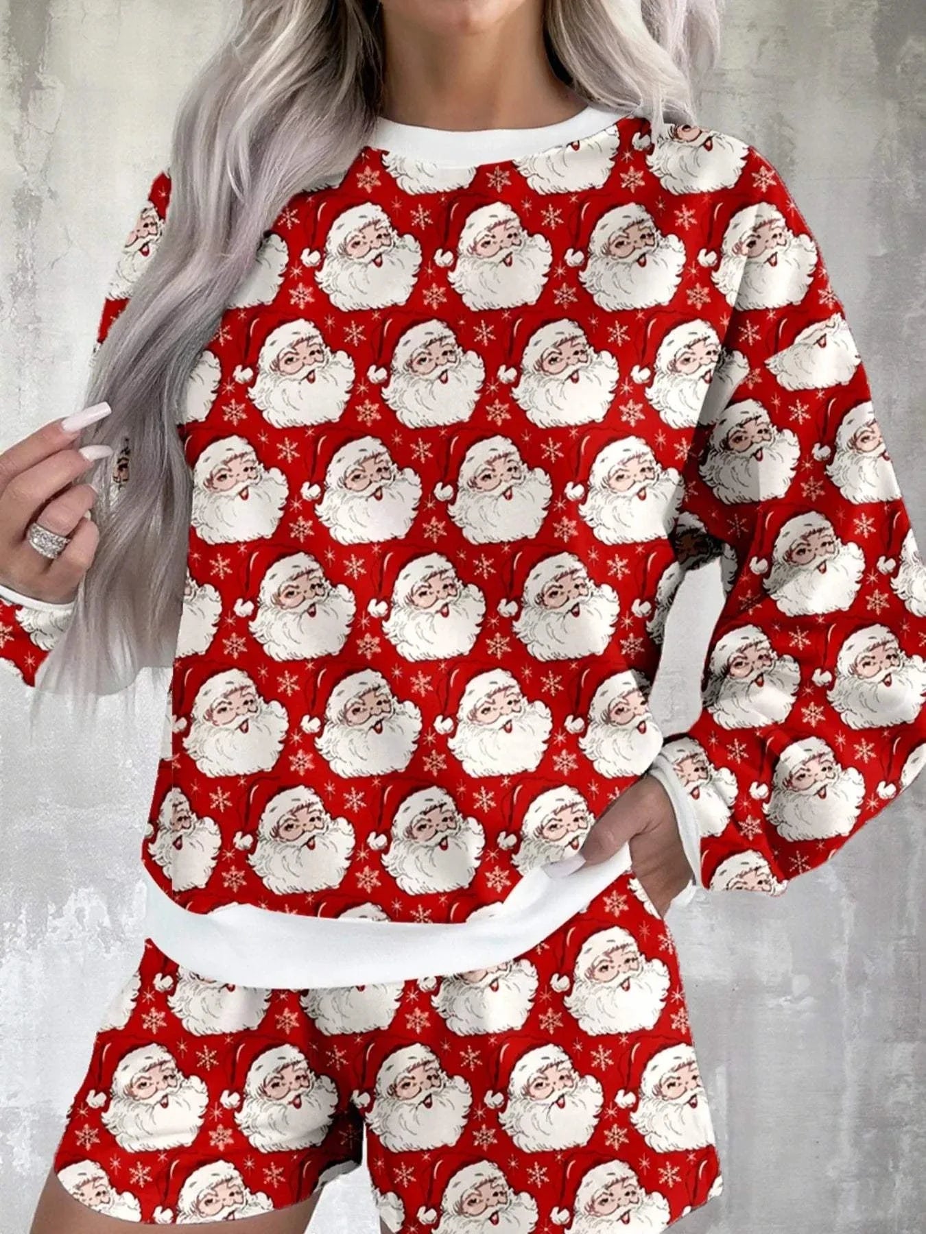 Christmas Santa Print red round neck top and shorts lounge set with Santa faces and snowflakes