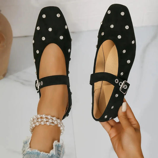 Black rhinestone buckle flat Mary Jane loafers in suede with rhinestone embellishments and rubber sole