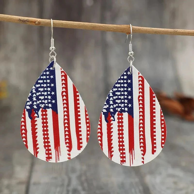 PU Leather US Flag Earrings in Teardrop Shape - Redemption By Ashley North