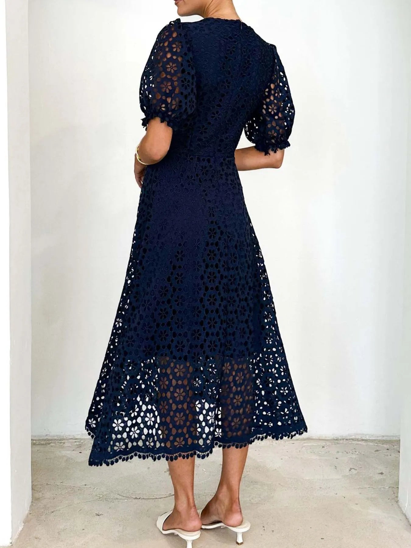 Eyelet Lace V-Neck Midi Dress with Puff Sleeves - Redemption By Ashley North