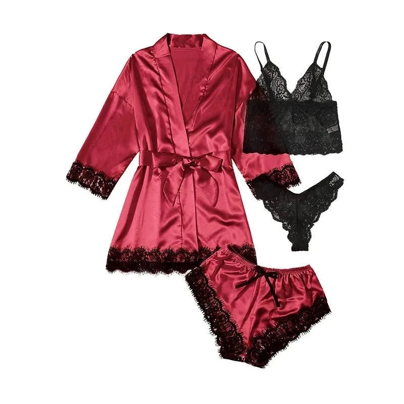Lace Satin Pajama Set: Romantic Bliss 4-Piece Sleepwear Collection - Redemption By Ashley North