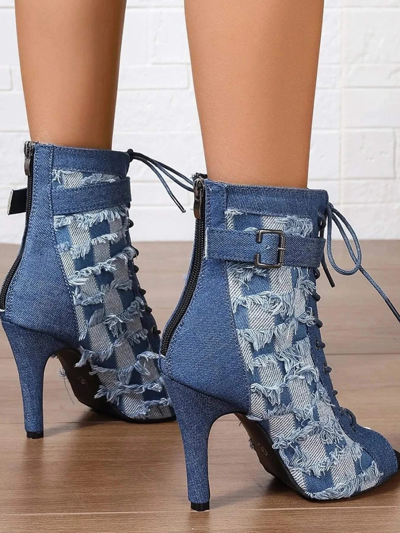 Distressed Denim Ankle Boots with Lace-Up Peep Toe - Redemption By Ashley North
