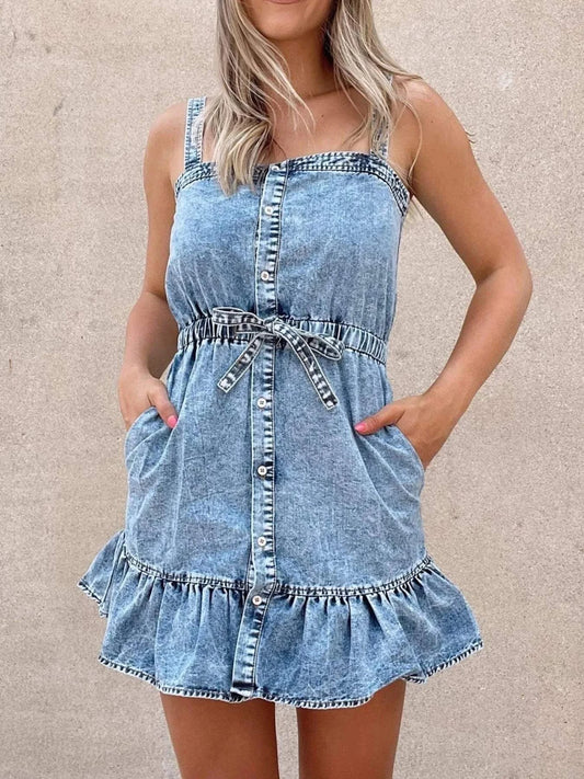 Casual Denim Mini Dress with Ruffled Hem and Tie Waist for Effortless Style - Redemption By Ashley North