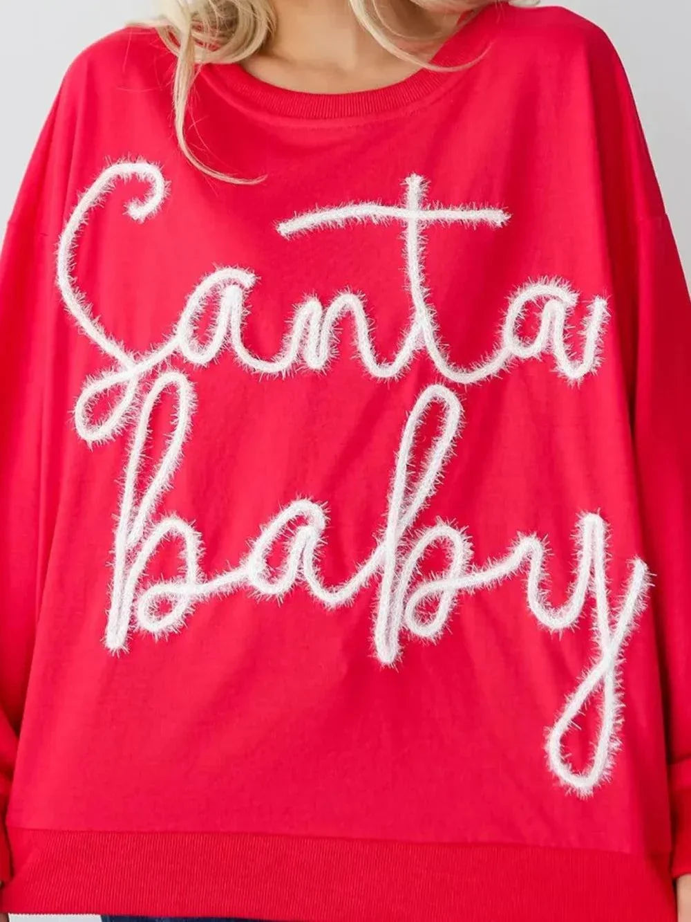 Red letter round neck long sleeve sweatshirt with "Santa baby" text design