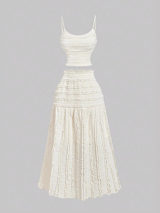 White Frill Scoop Neck Cami and tiered ruched skirt two-piece set