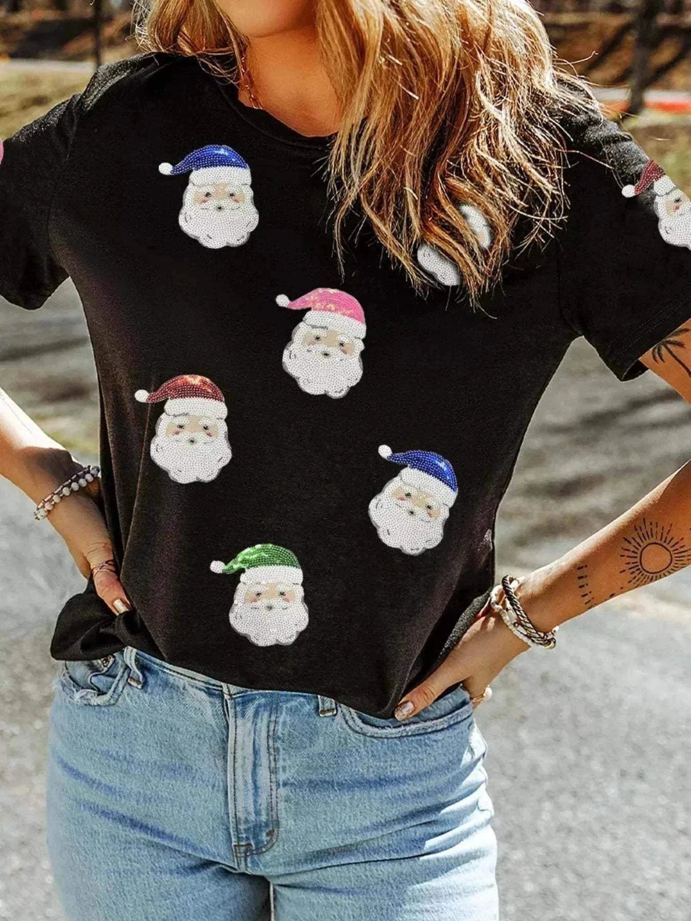 Christmas Santa T Shirt with Sequin Short SleevesStylish Christmas Santa T Shirt – Embrace the Holiday Spirit!Spread holiday cheer with our exquisite Christmas Santa T Shirt featuring delightful sequin short sleeveRedemption By Ashley Northsanta shirt