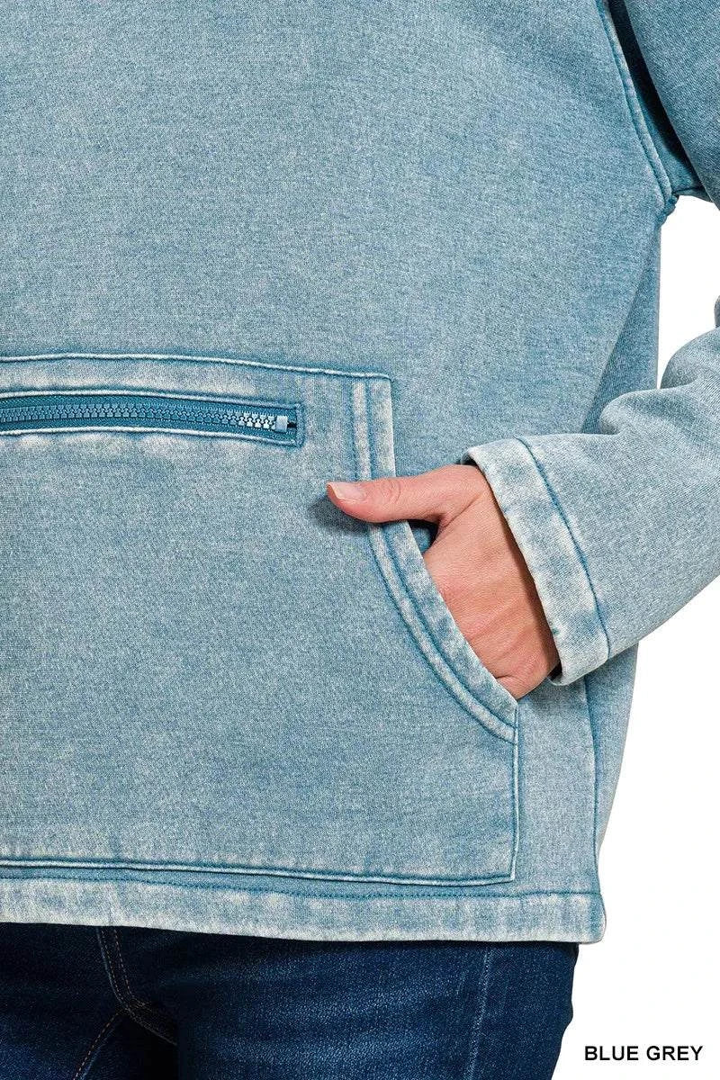 Blue grey fleece washed high neck sweatshirt with kangaroo pocket and zipper detail