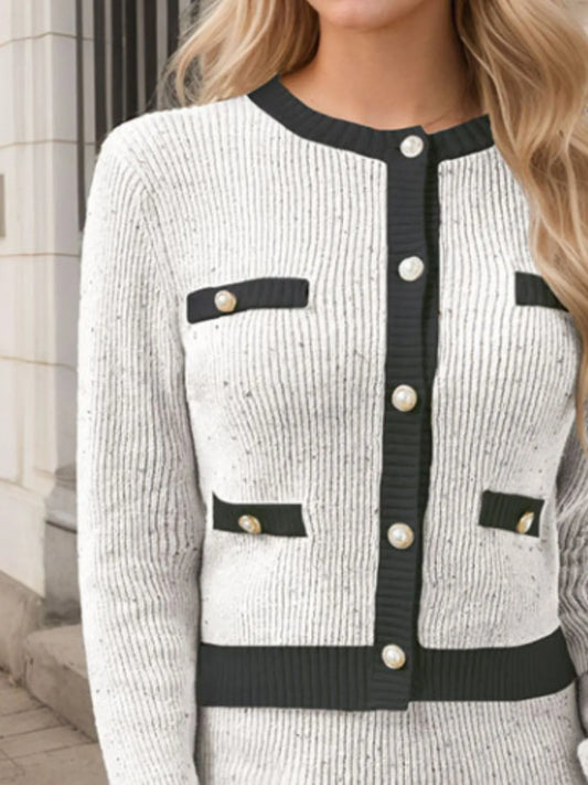 Contrast Trim Ribbed Sweater Set with Top and Skirt.