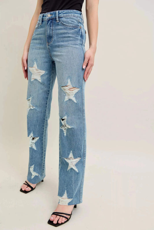 Judy Blue Plus Size 90's straight high waist jeans with star-shaped distressed details and rigid denim