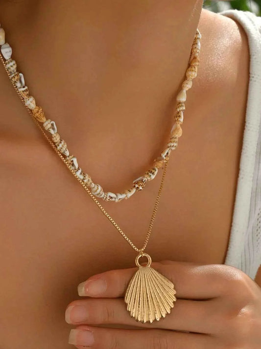 18K Gold-Plated Shell Pendant Necklace - Layered Shell Design.