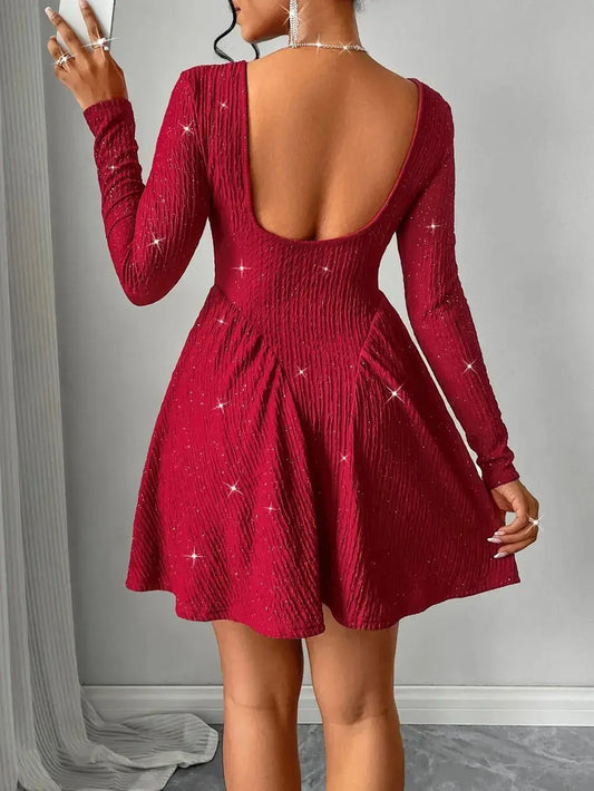 Backless Glitter Square Neck Long Sleeve Mini Dress.