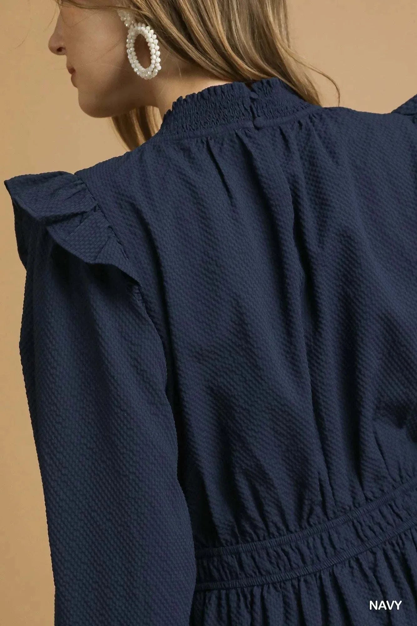 Navy Umgee Textured Midi Dress with ruffle shoulder detail and smocked waist