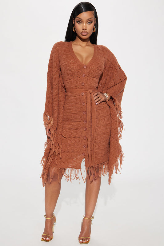 Embracing My Aura Chocolate Midi Dress for Effortless Style.