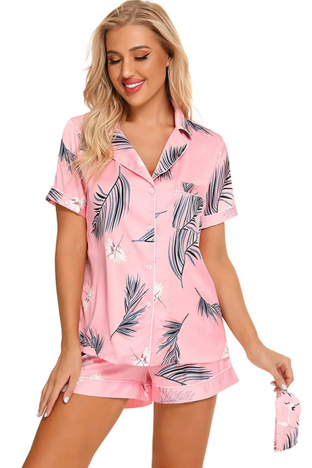 Printed button up short sleeve top and shorts lounge set with pink tropical leaf print