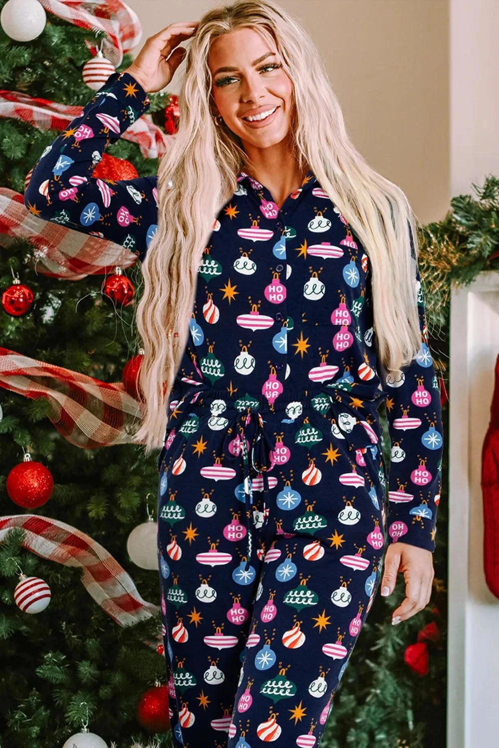 Christmas Lights Print Collared Neck Top and Pants SetFeatures: Basic style
Number of pieces: One-piece
Stretch: Slightly stretchy
Material composition: 95% polyester, 5% elastane
Care instructions: Machine wash cold. TRedemption By Ashley NorthChristmas Lights Print