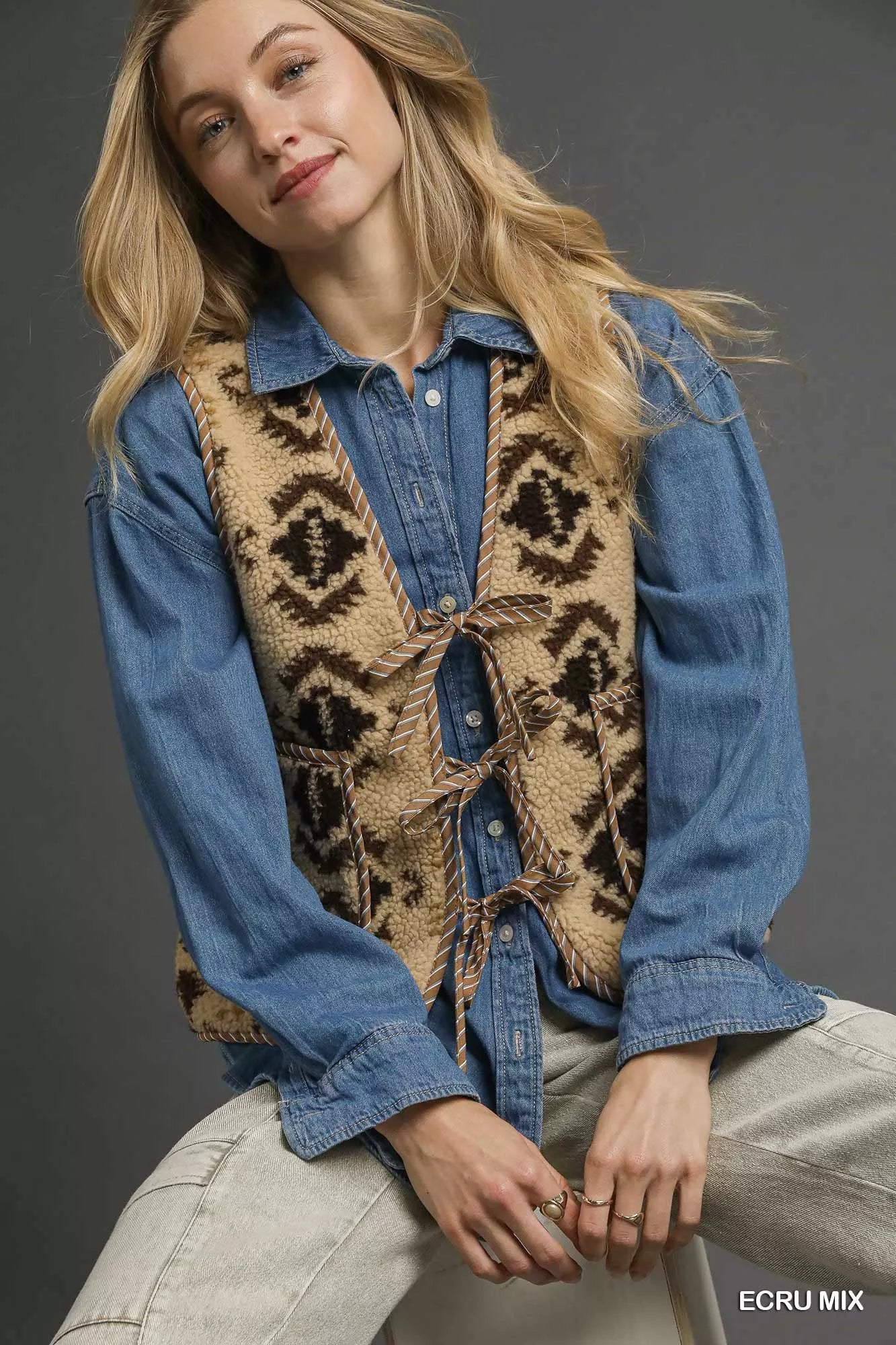 Umgee Mix Patterned Sherpa Tie-Front Vest.