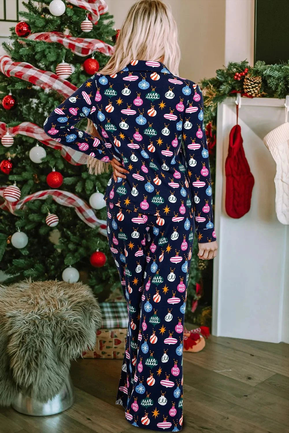 Christmas Lights Print Collared Neck Top and Pants SetFeatures: Basic style
Number of pieces: One-piece
Stretch: Slightly stretchy
Material composition: 95% polyester, 5% elastane
Care instructions: Machine wash cold. TRedemption By Ashley NorthChristmas Lights Print