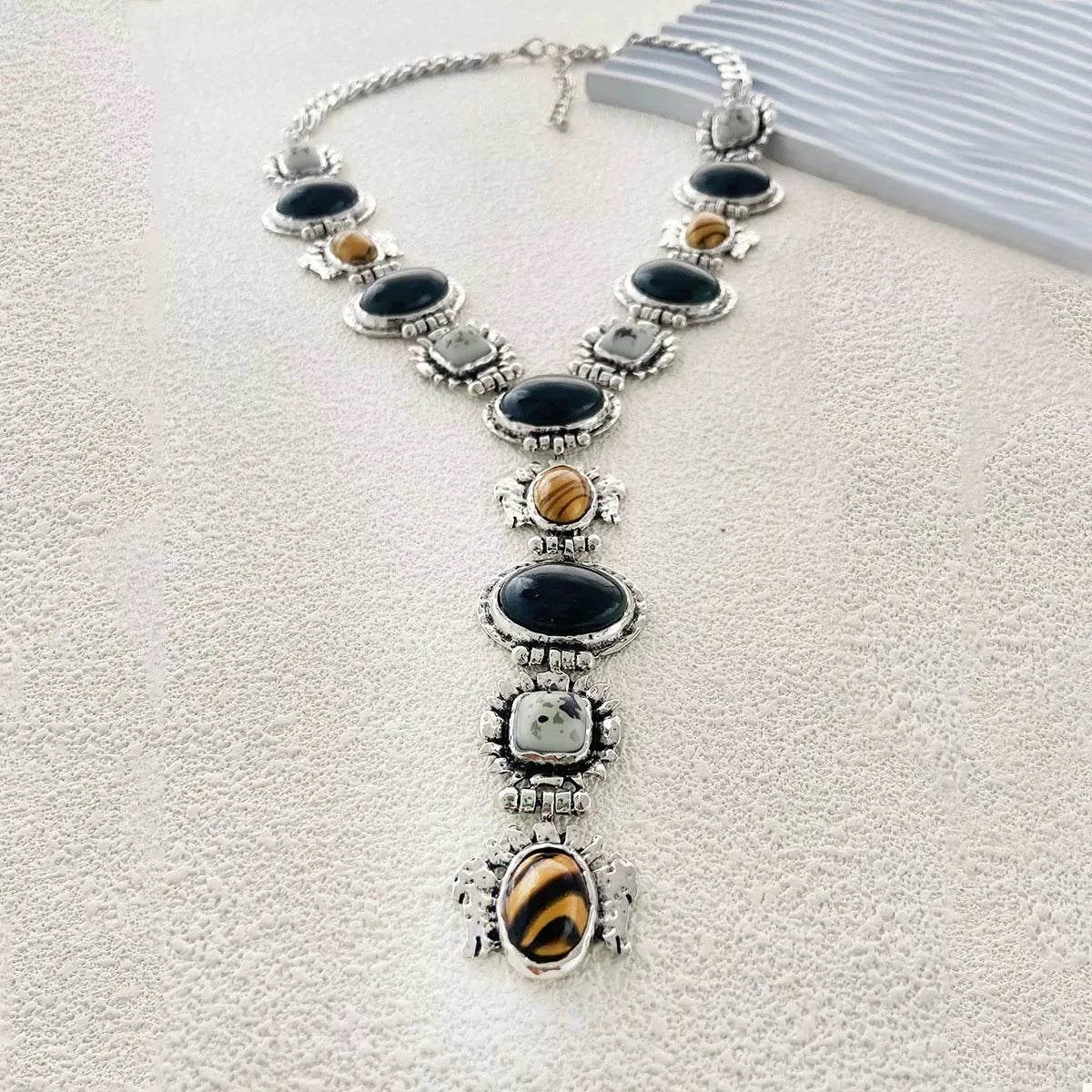 Resin zinc alloy Y-shape necklace with silver-plated chain and decorative stones