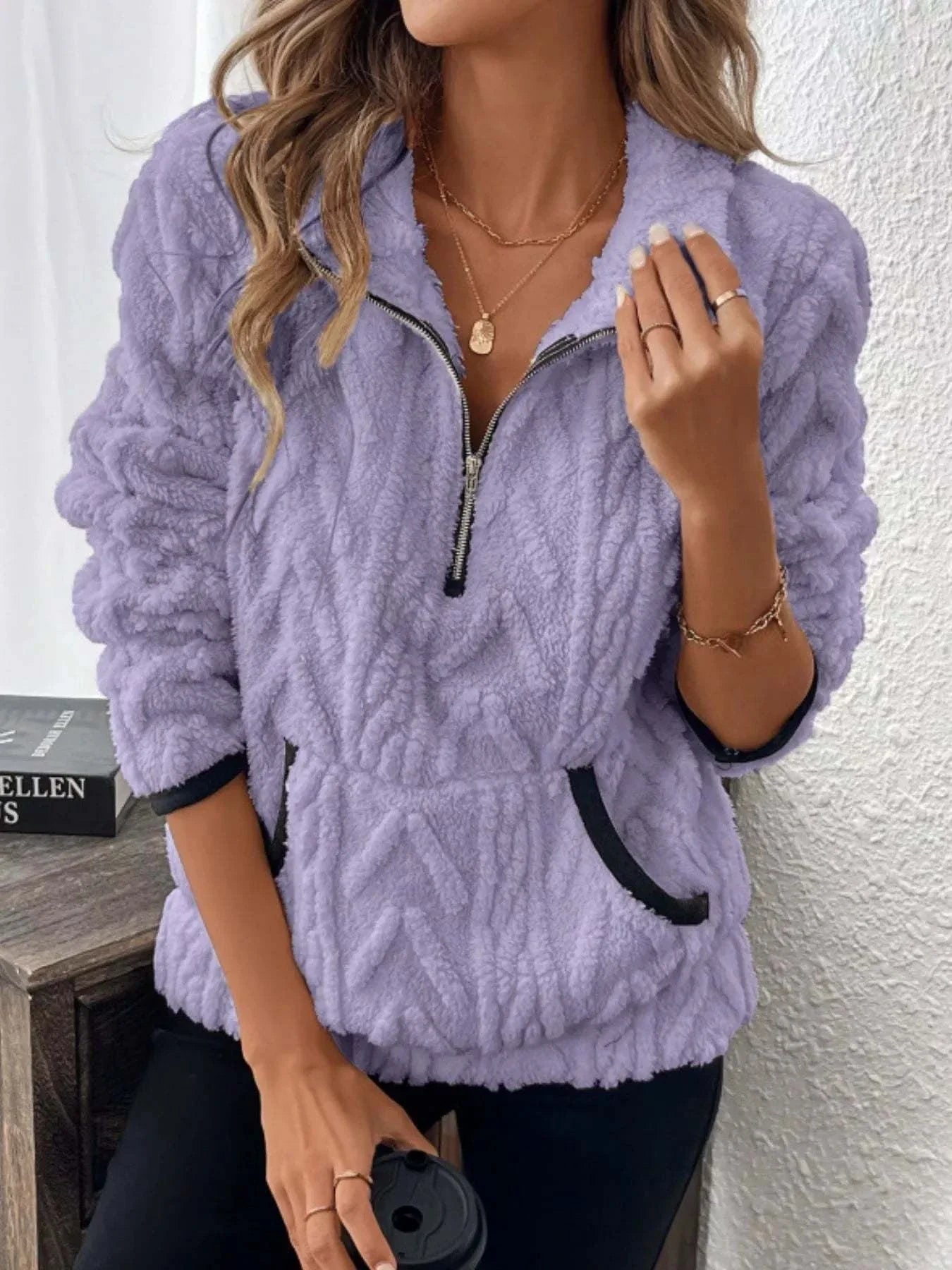 plus size full size sherpa half zip sweatshirt in lavender with pocketed design and no stretch polyester material