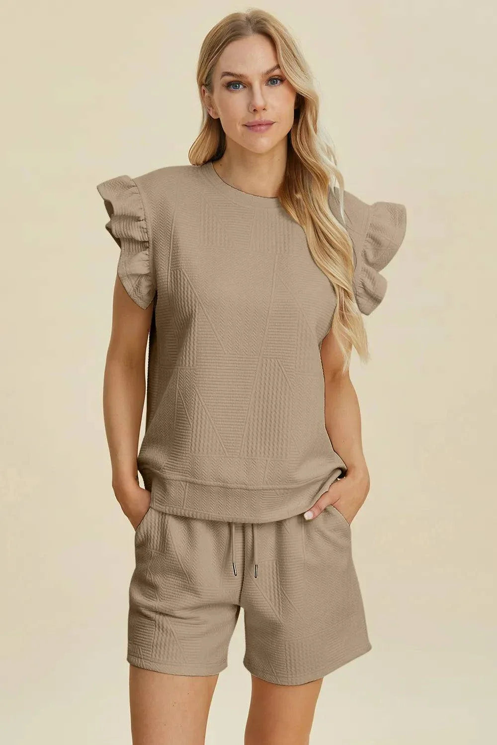 Double Take Ruffle Sleeve Top and Shorts Set - Full Size Texture Set - Redemption By Ashley North