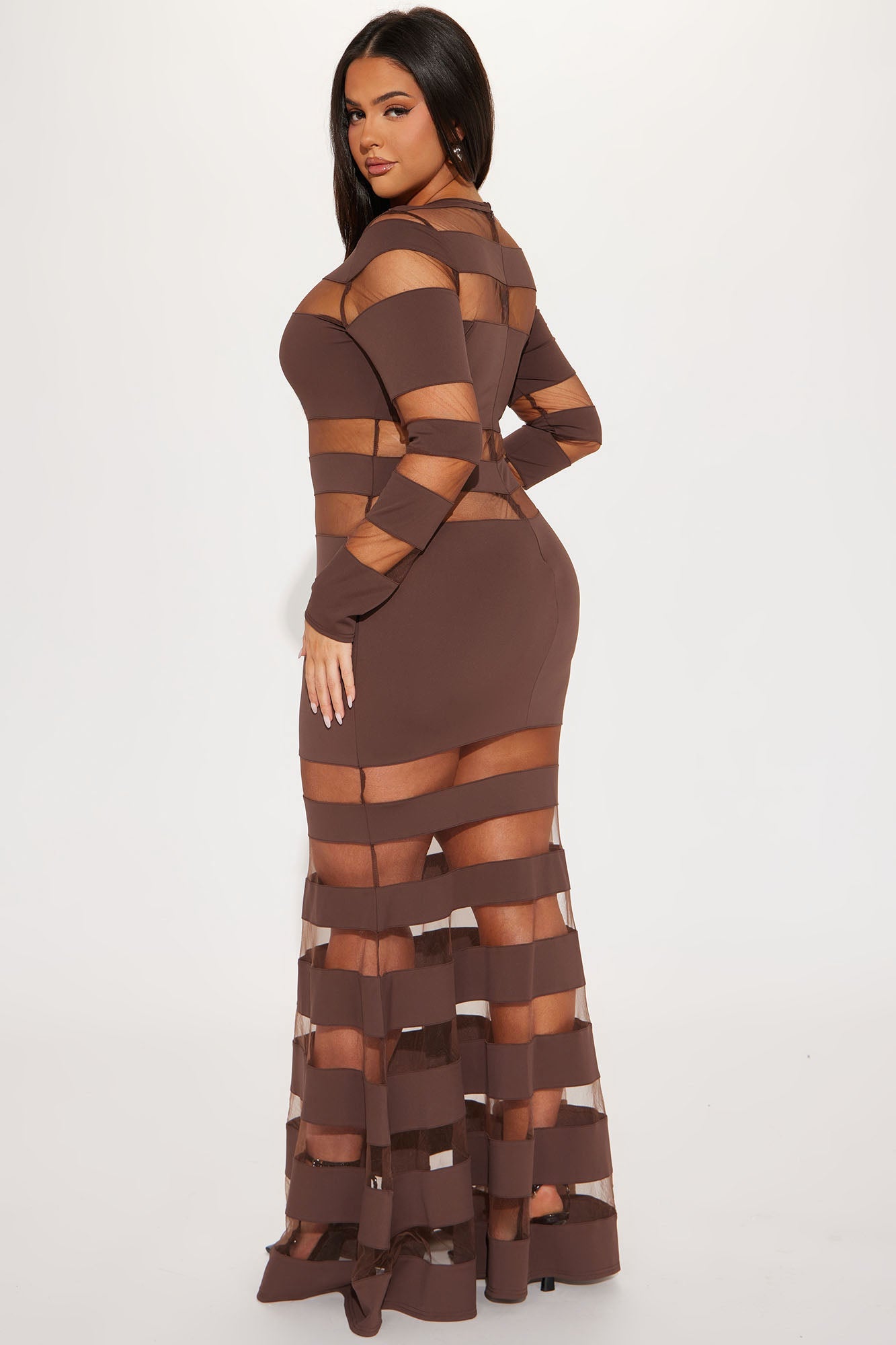 Gemma Cut Out Maxi Dress - Brown Mesh Design for Chic Elegance.