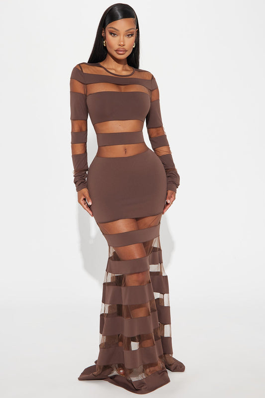 Gemma Cut Out Maxi Dress - Brown Mesh Design for Chic Elegance.