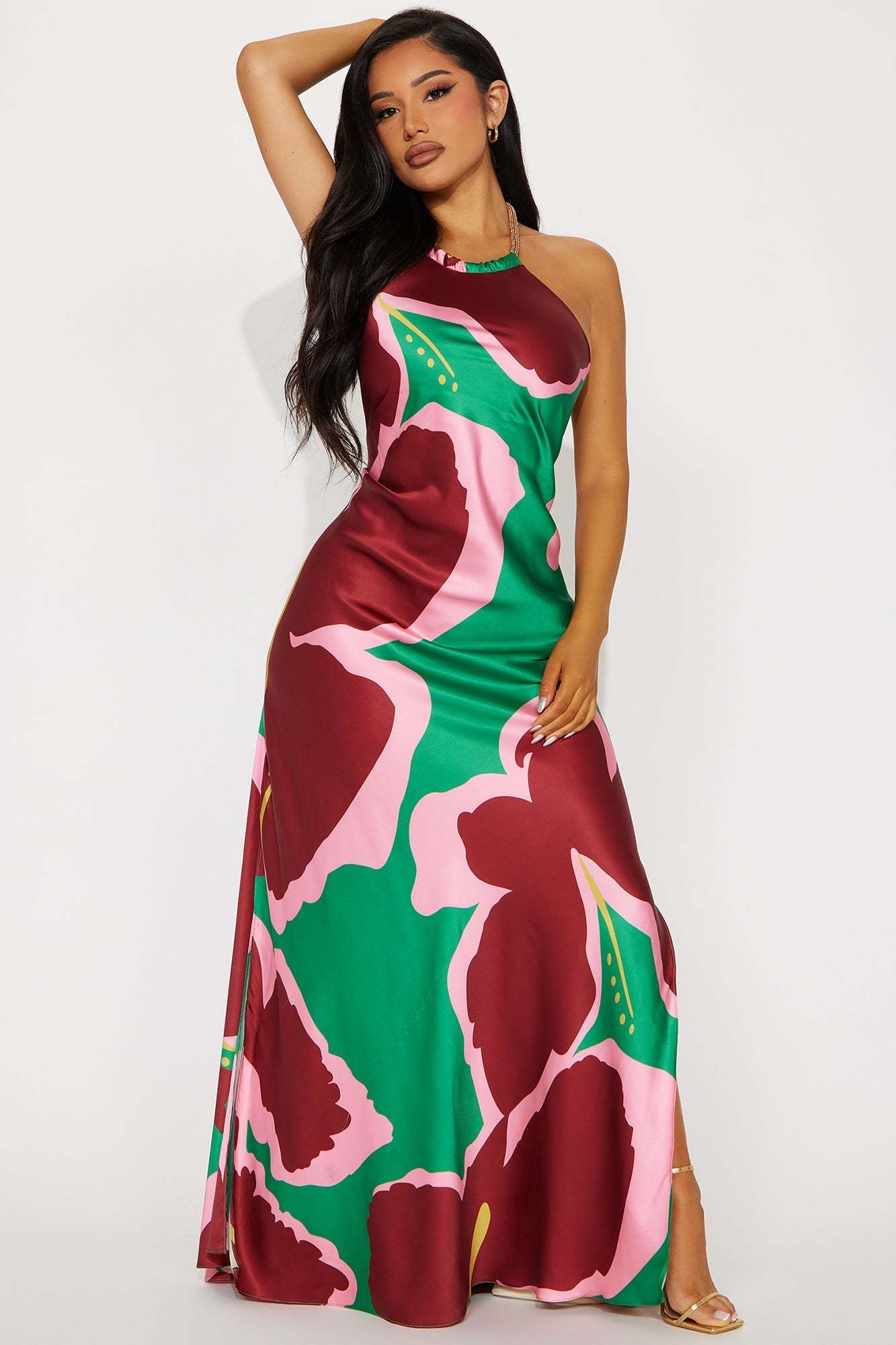 Venice Satin Maxi Dress - Multi ColorAvailable In Multi Color. Satin Maxi Dress High neck w/ hardware Sleeveless Open back Side slit Lined Disclaimer: Print Placement May Vary. Self/ Lining: 100% PolyesDressesVenice Satin Maxi Dress