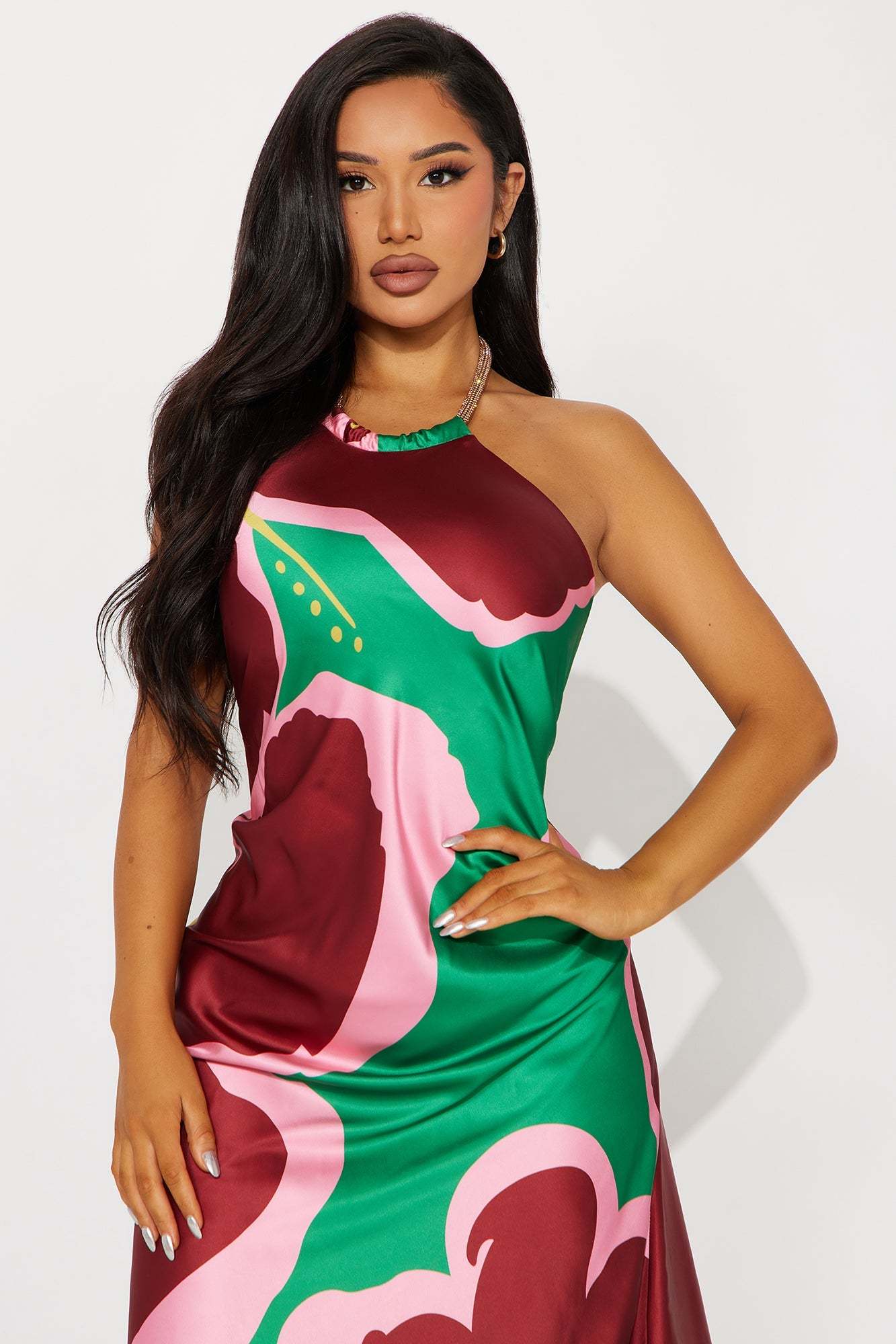 Venice Satin Maxi Dress - Multi ColorAvailable In Multi Color. Satin Maxi Dress High neck w/ hardware Sleeveless Open back Side slit Lined Disclaimer: Print Placement May Vary. Self/ Lining: 100% PolyesDressesVenice Satin Maxi Dress