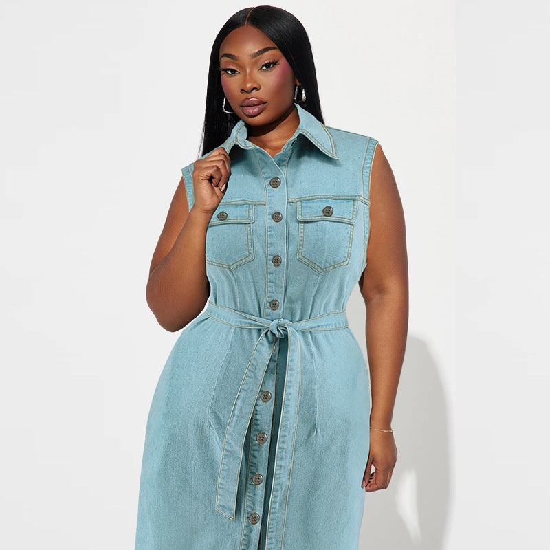 Plus Size Denim Dress - Women's Sleeveless Lace-up Long Dress with Lapel - Redemption By Ashley North