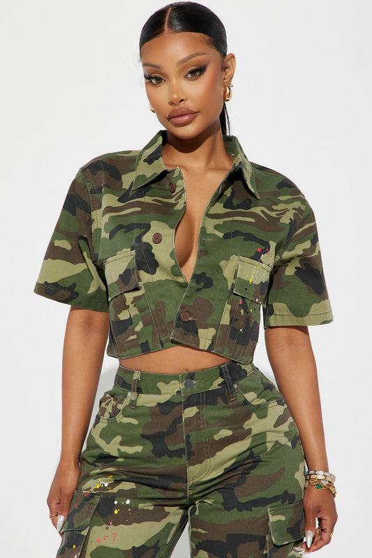 You Lost Me Camo Cargo Top Olive Combo - Trendy Versatile Style.