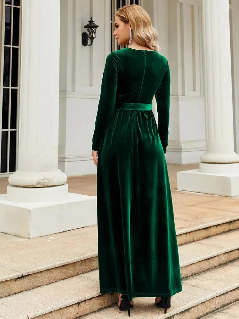 Green tie front round neck long sleeve maxi dress with slightly stretchy fabric and opaque finish