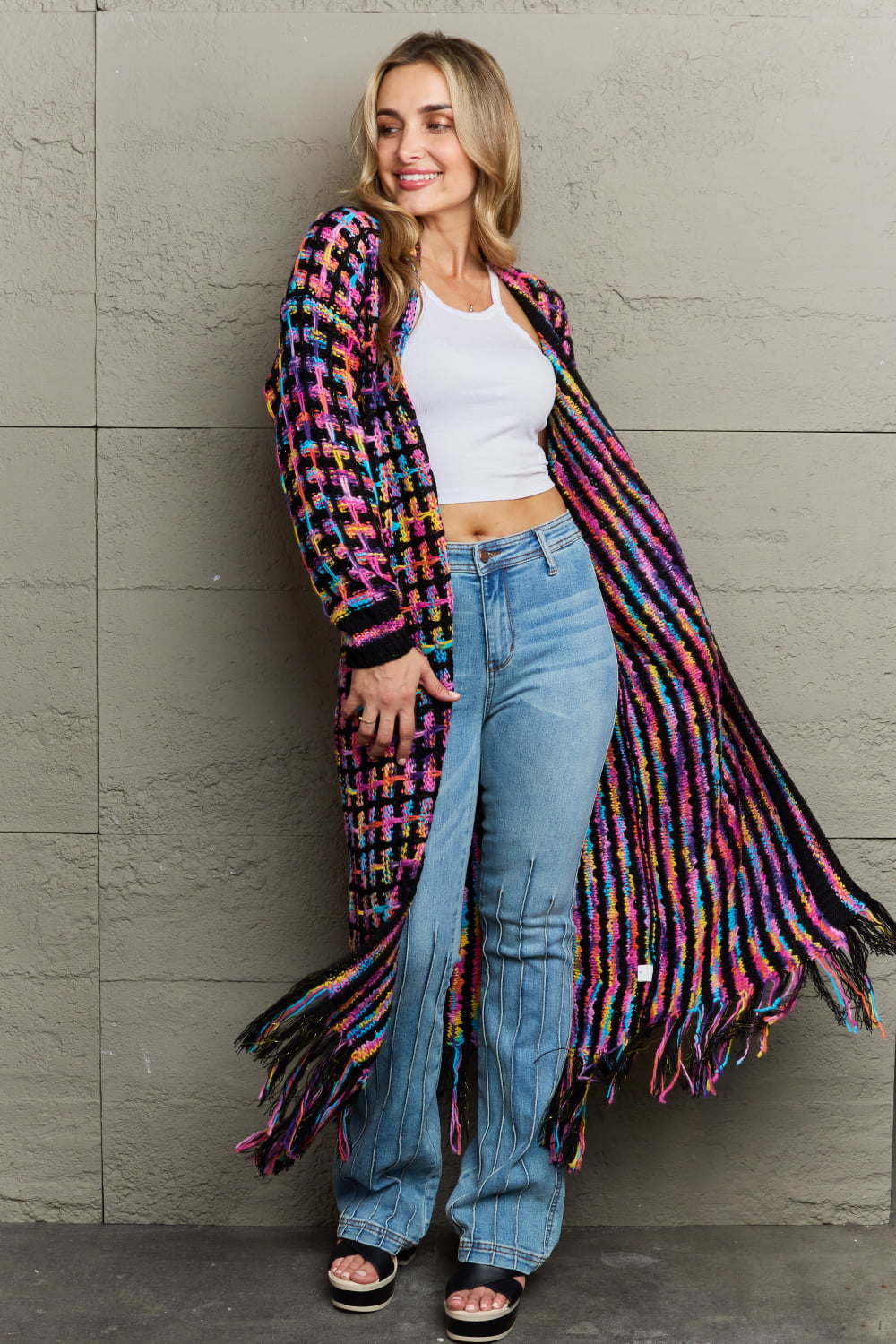 Angel Wings Full Size Multicolored Open Front Fringe Hem Cardigan.