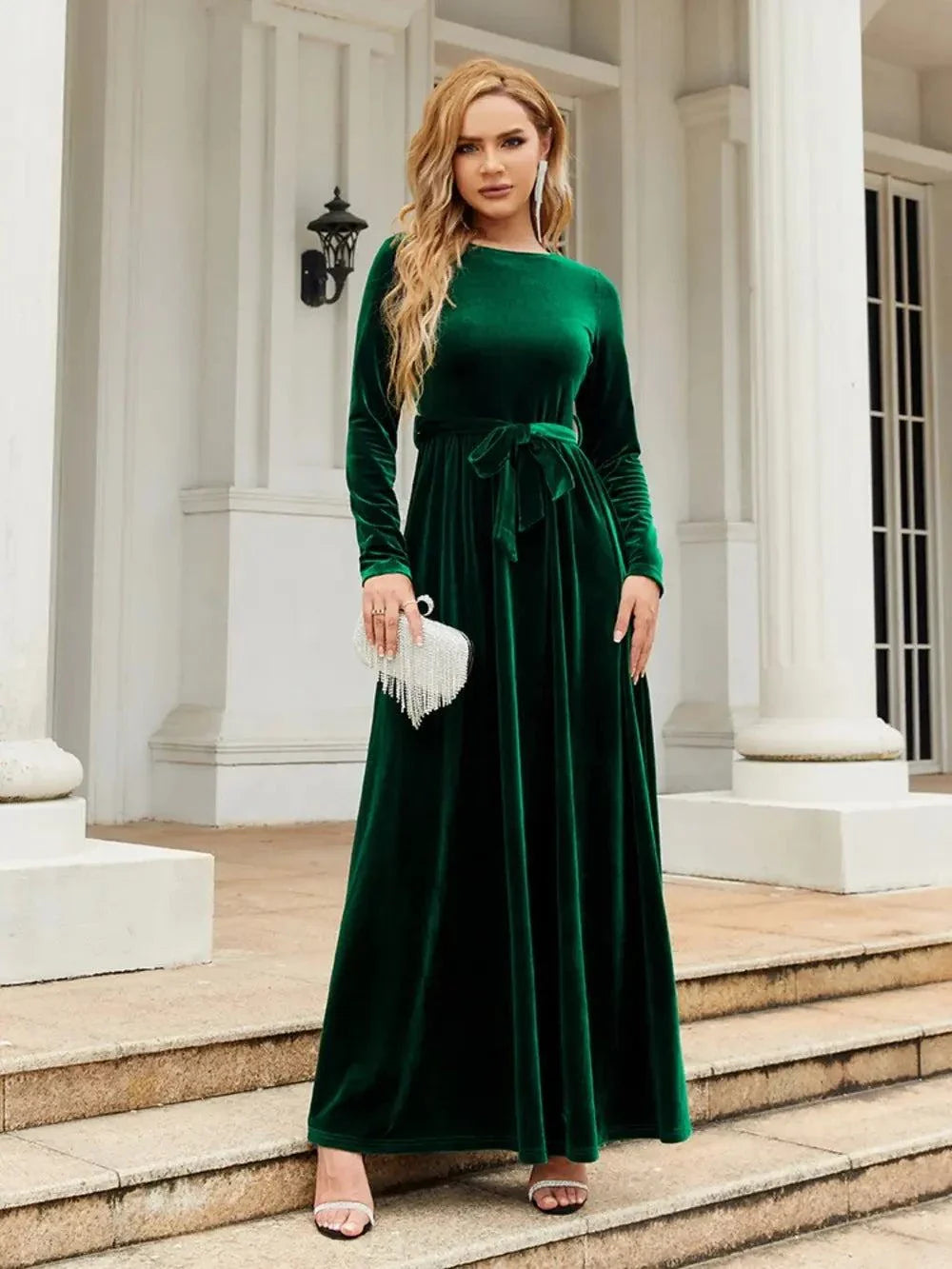 Elegant green tie front round neck long sleeve maxi dress in velvet fabric