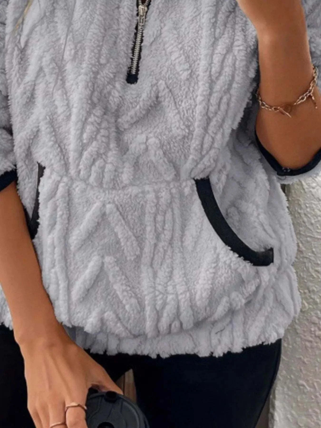 Plus size full size sherpa half zip sweatshirt with pocket and no stretch in light gray polyester fabric