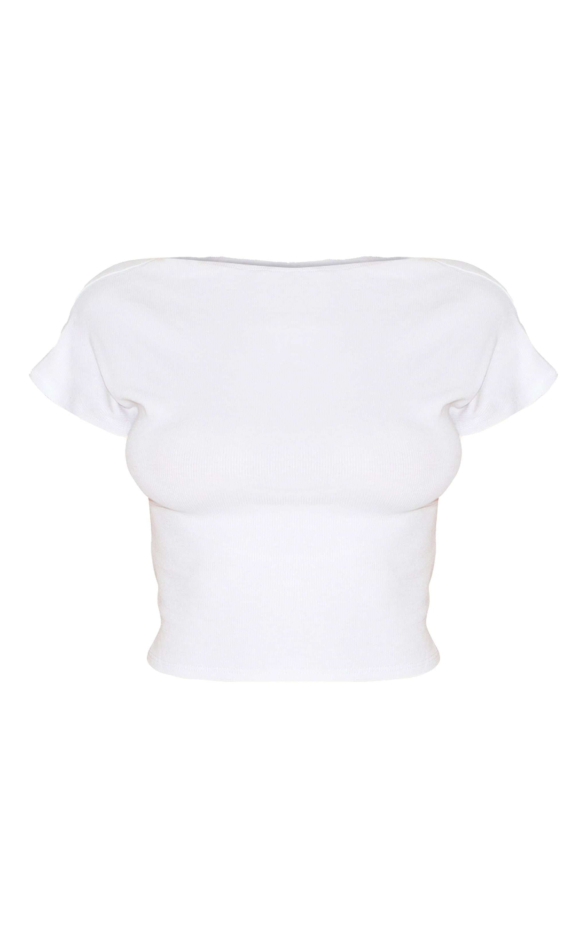 White soft rib backless fitted t-shirt with crew neckline and short sleeves