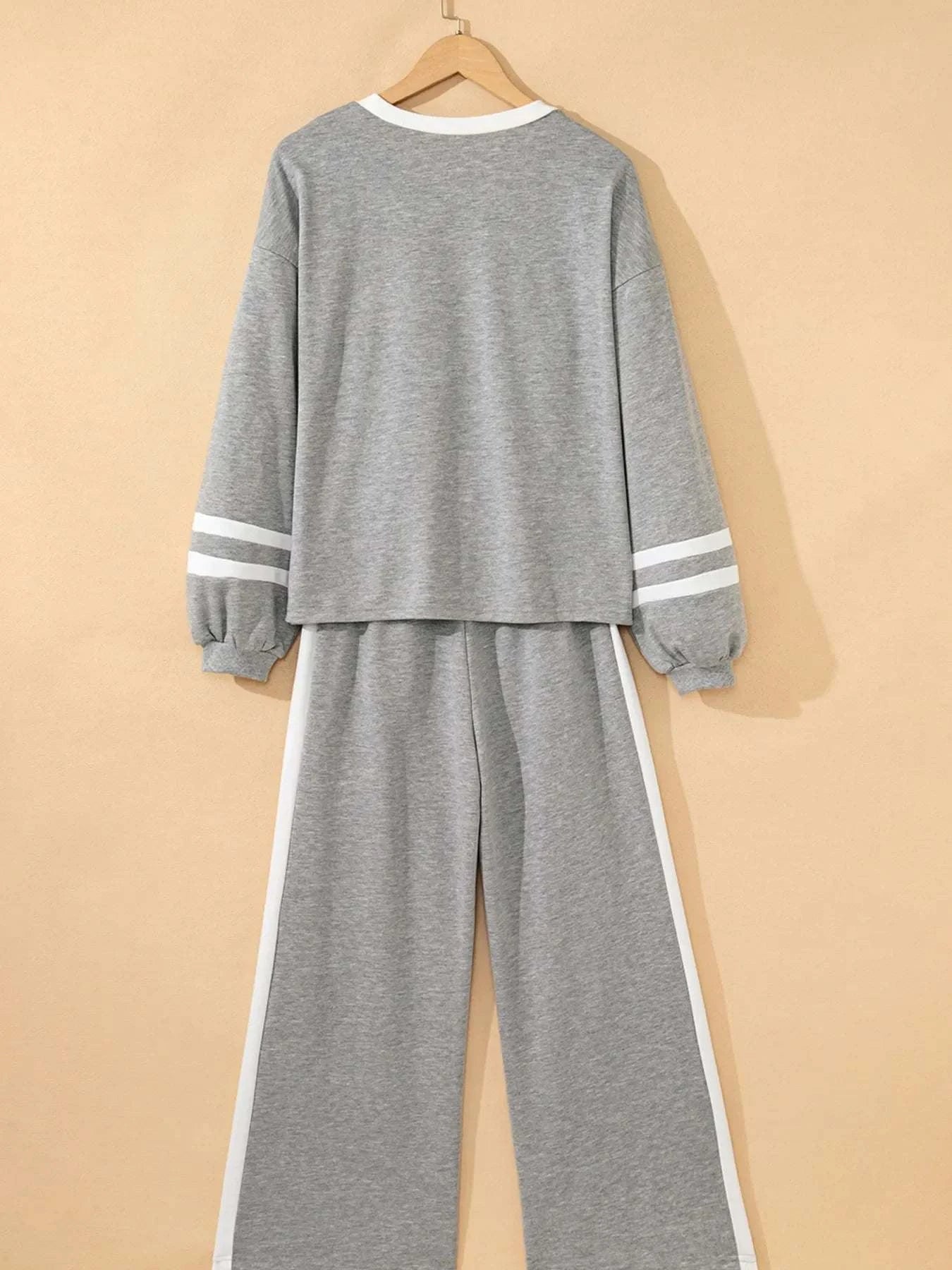 Gray Contrast Trim Round Neck Top and Pants Set with white stripes and drawstring waistband