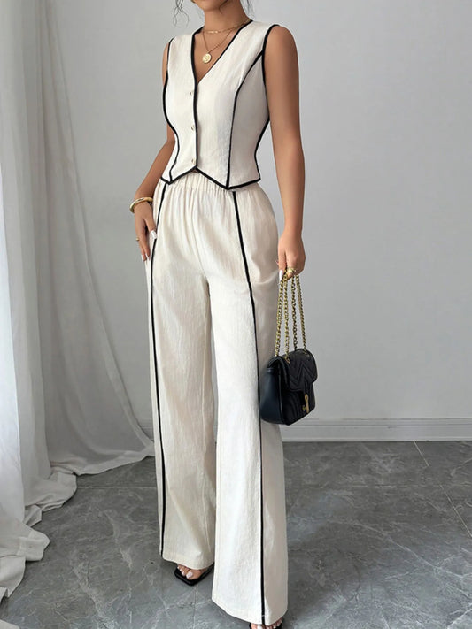 Contrast Trim V-Neck Set and Pants for Effortless Chic Style.